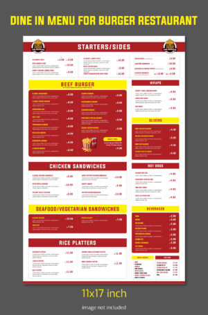 Dine-In Burger Restaurant Menu Template | 11x17 inch Flyer (EPS, JPG)