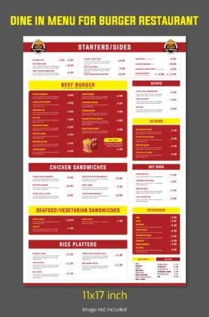 Dine-In Burger Restaurant Menu Template | 11x17 inch Flyer (EPS, JPG)