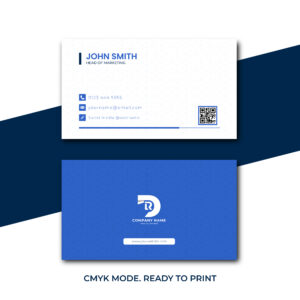 Modern blue corporate business card template with front and back design, QR code, contact details, and CMYK print-ready layout