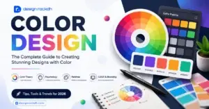 Color Design Guide showing color theory wheel, color psychology, and modern color palette examples