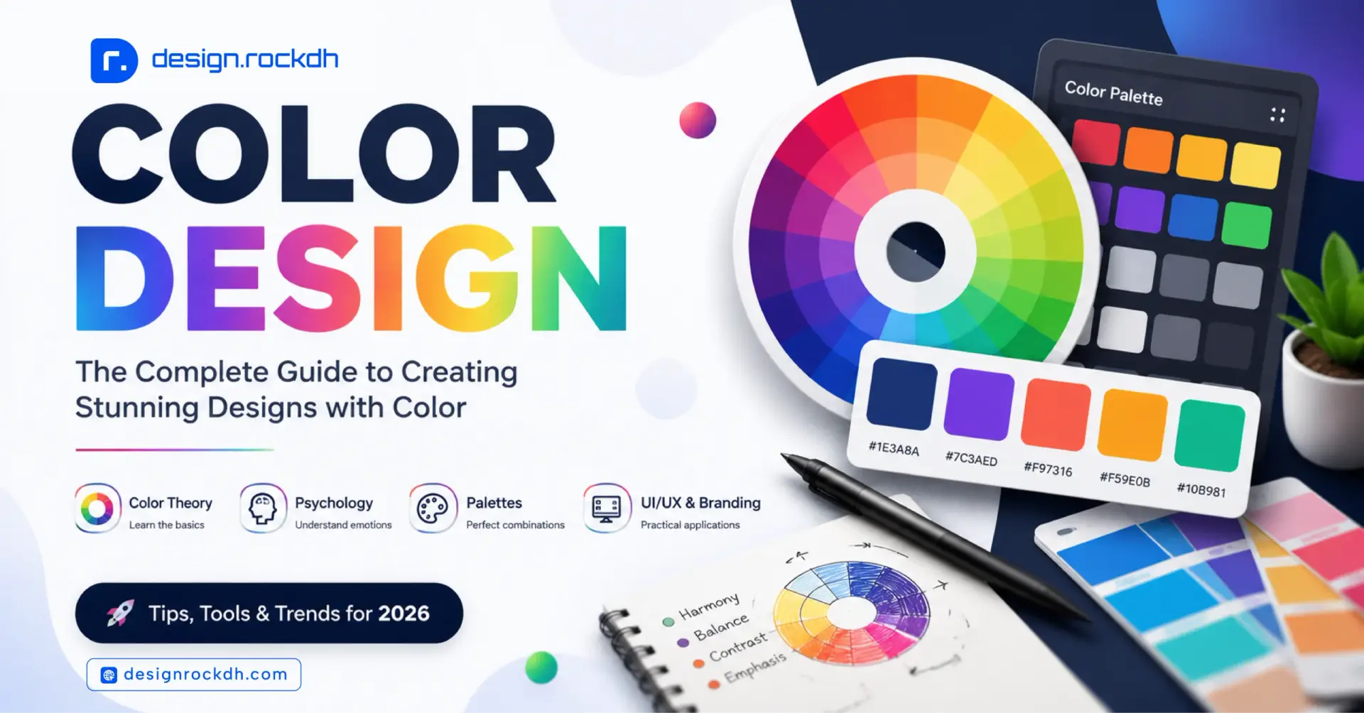 Color Design Guide showing color theory wheel, color psychology, and modern color palette examples