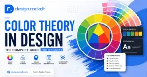 Color Theory in Design infographic showing the color wheel, harmony, psychology, and branding principles.