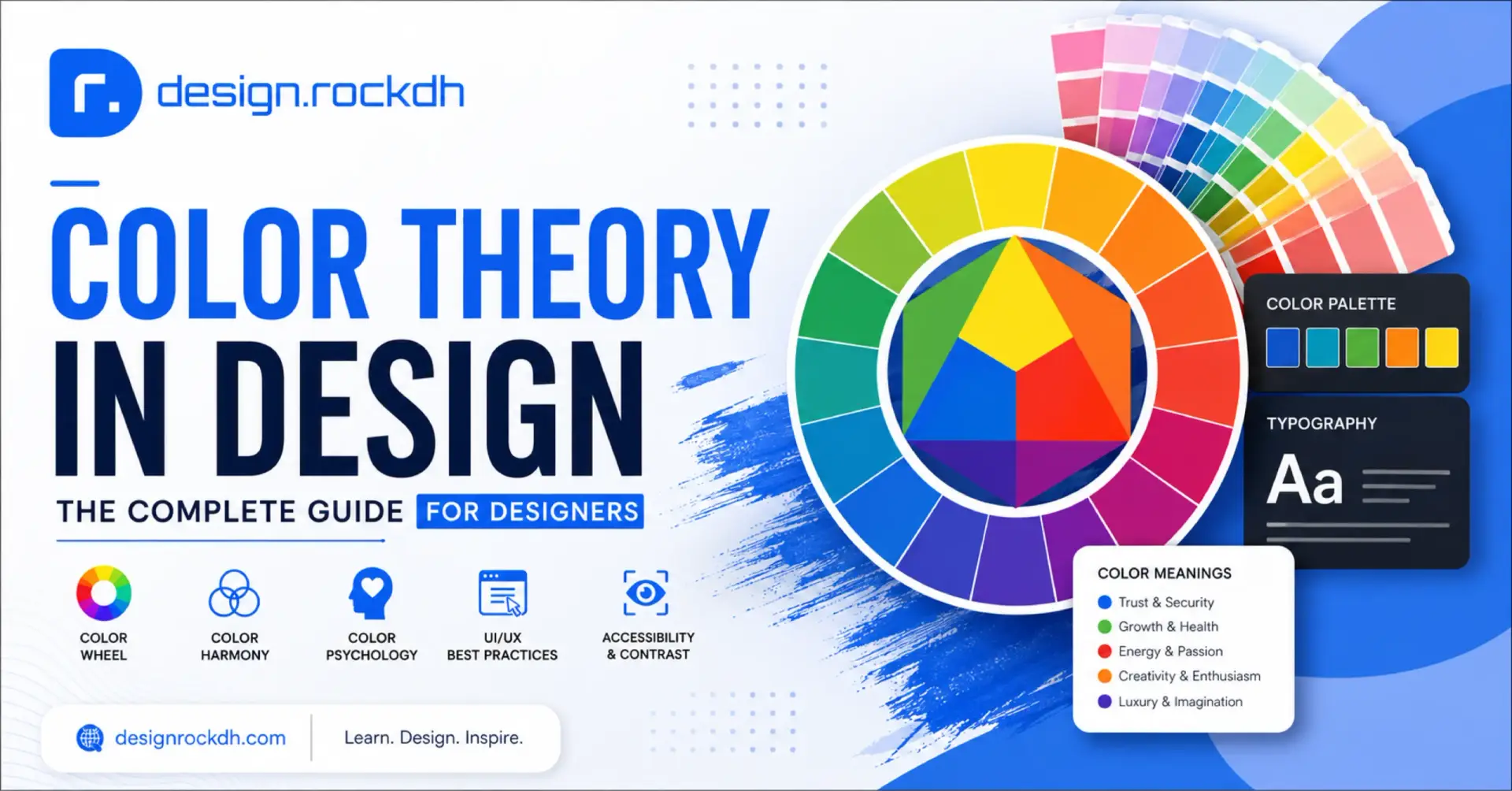 Color Theory in Design infographic showing the color wheel, harmony, psychology, and branding principles.