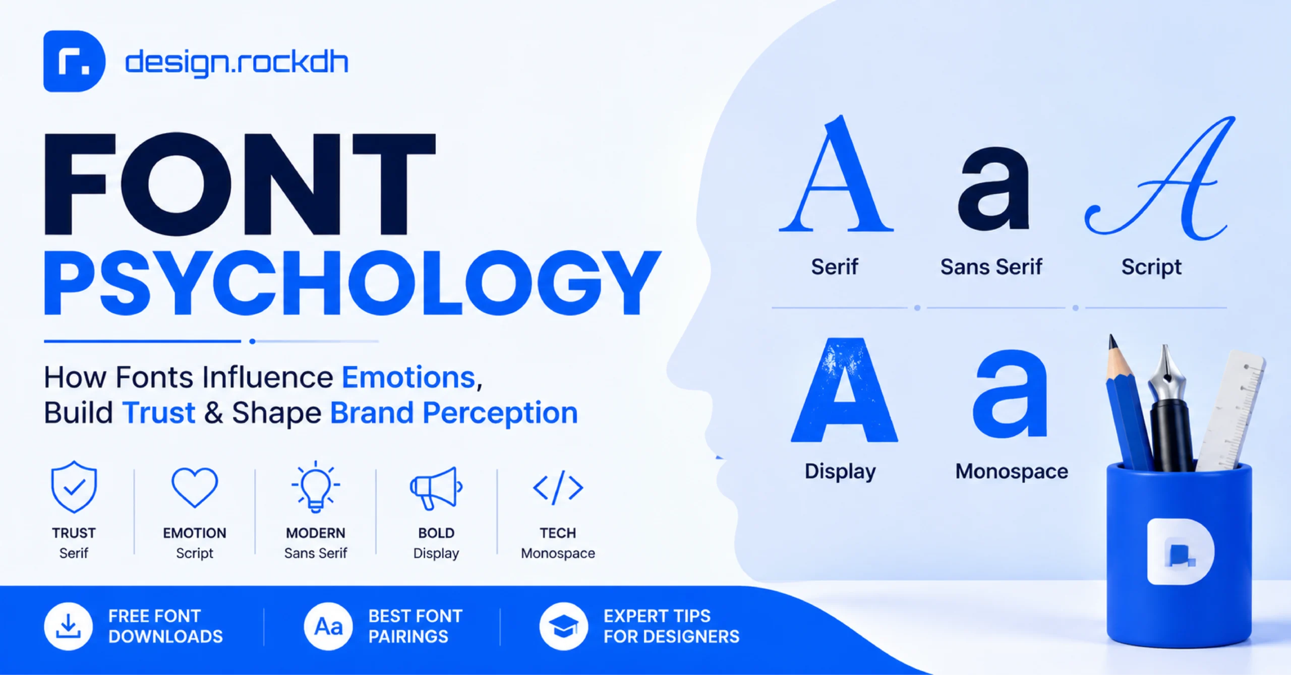 Font Psychology guide showing how serif, sans serif, script, and display fonts influence emotions, trust, branding, and user perception.