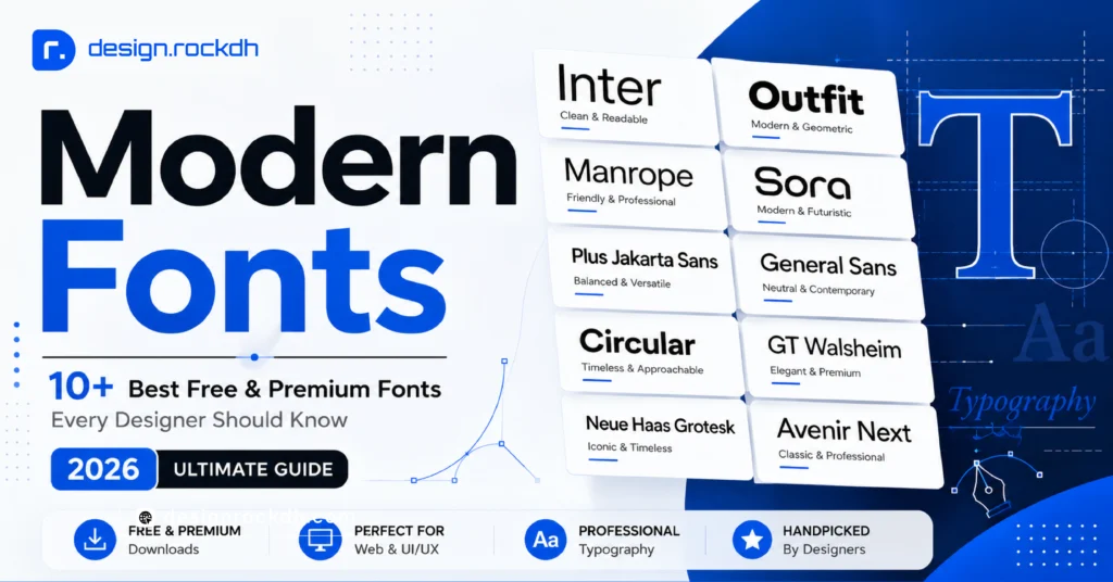 Modern Fonts Guide featuring the best free and premium fonts for logo design, branding, websites, and UI UX projects in 2026.