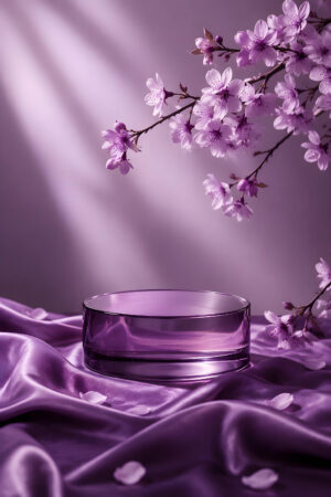 Luxury Purple Cosmetic Product Mockup with Glass Jar, Satin Fabric and Cherry Blossoms