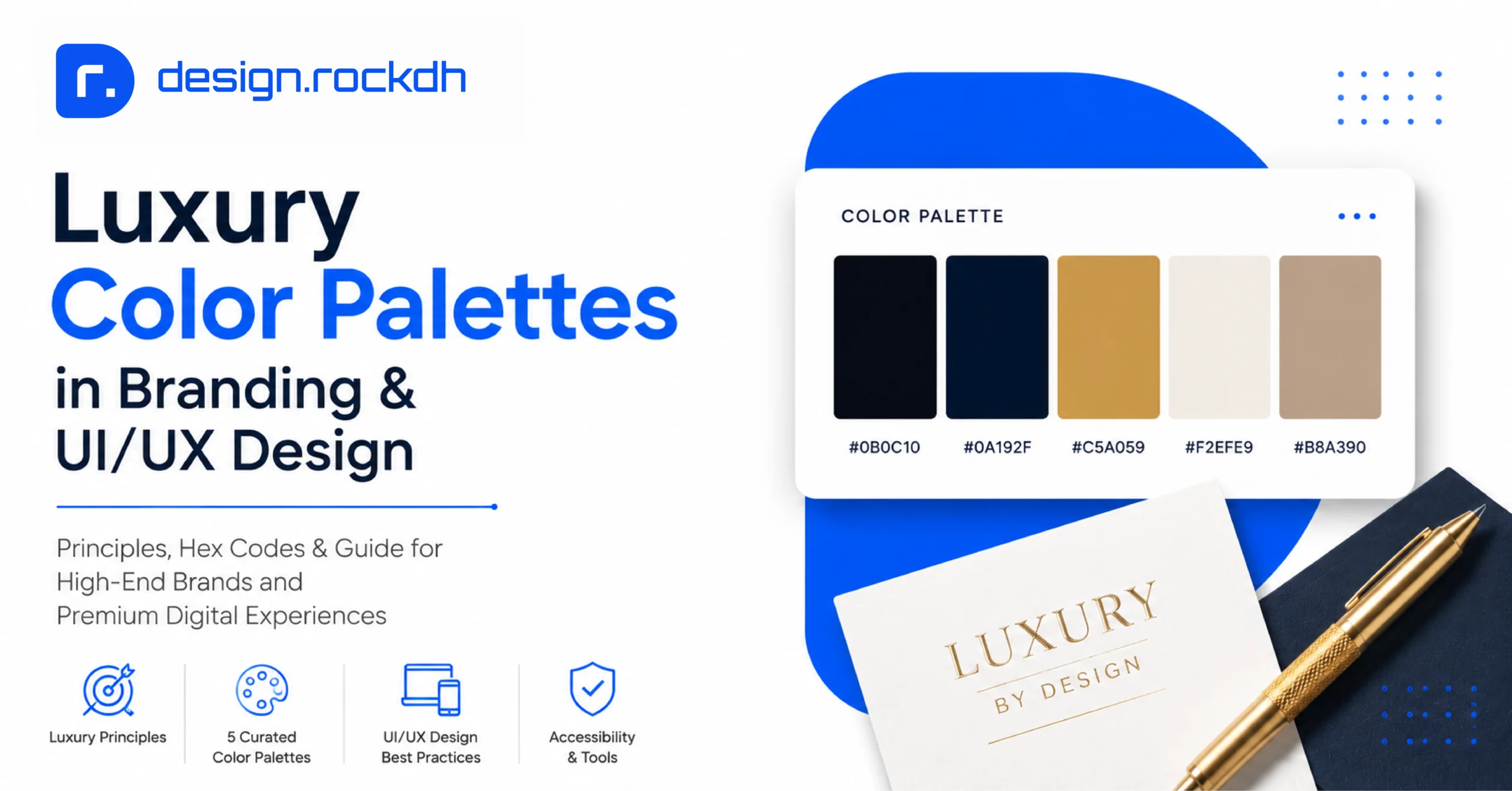 Luxury color palettes for branding and UI/UX design with gold, navy, black and neutral color swatches